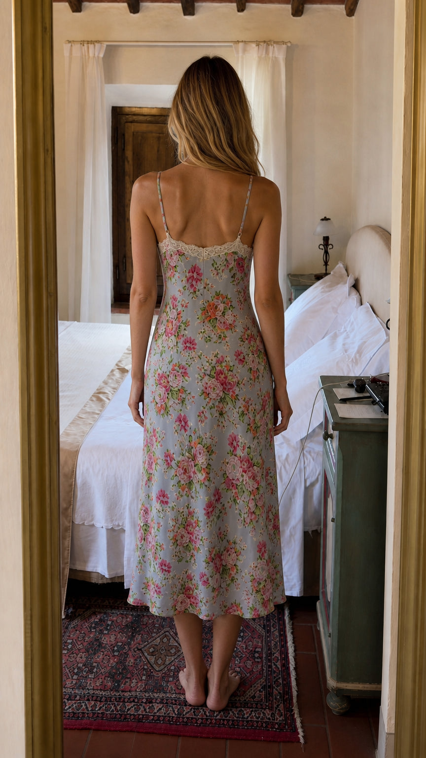 Back view of woman wearing Light Blue floral slip dress