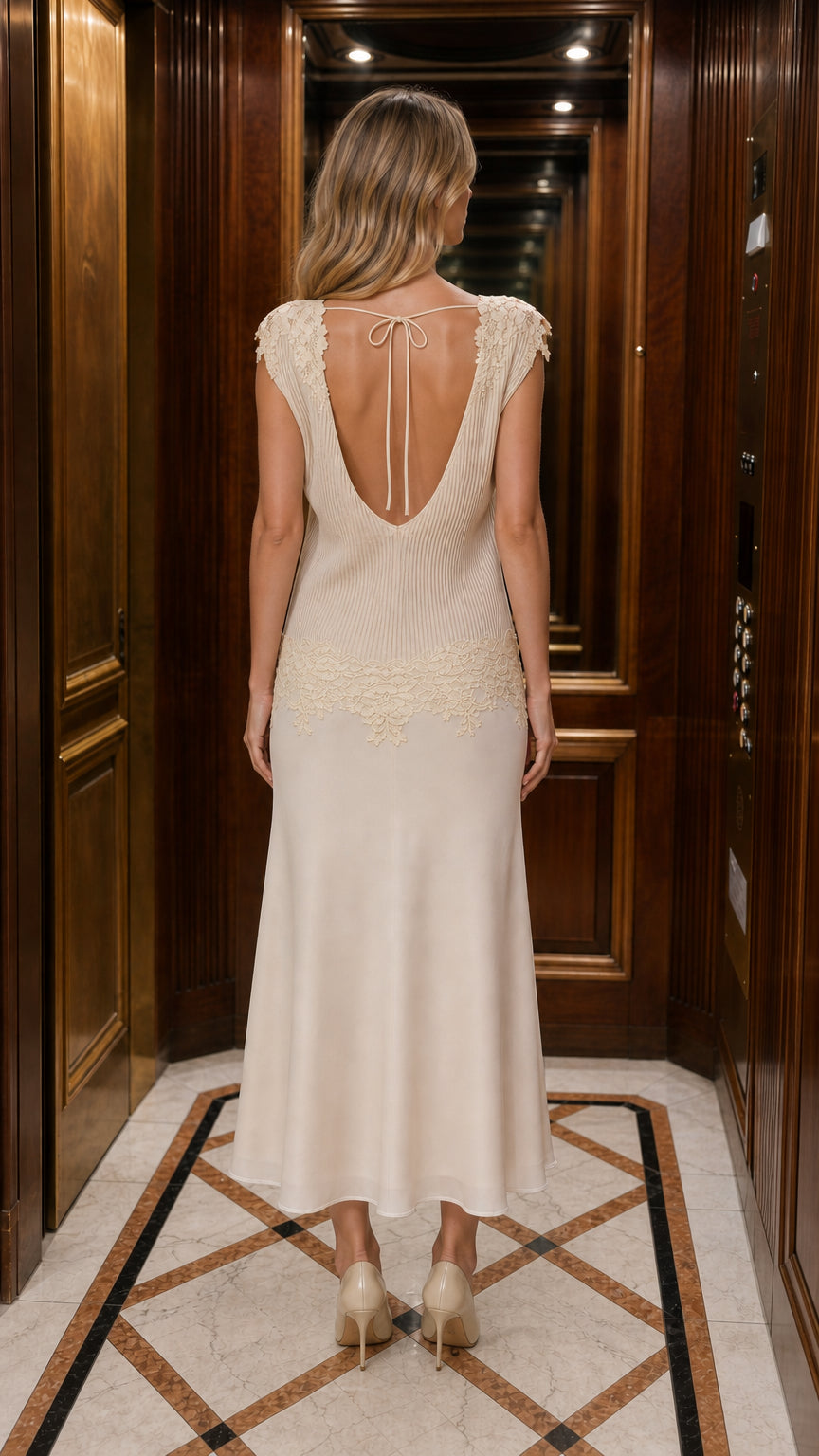 Back view showing low scoop neck and tie details