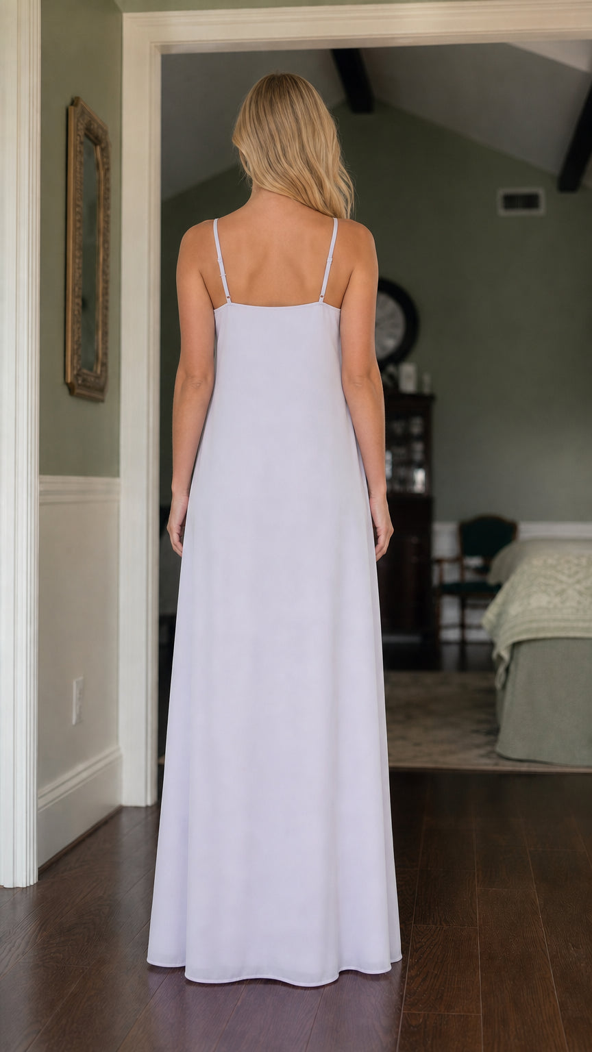 Back view of model in Lilac spaghetti strap maxi dress