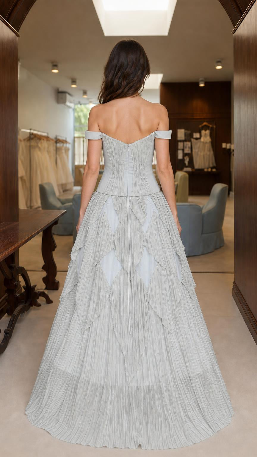 Back view of light grey tiered evening gown
