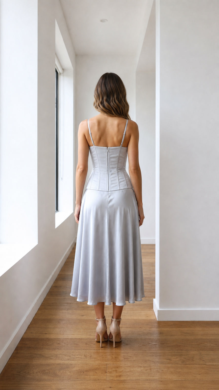 Silver satin-like corset midi dress shown from the back with slim straps and fitted bodice