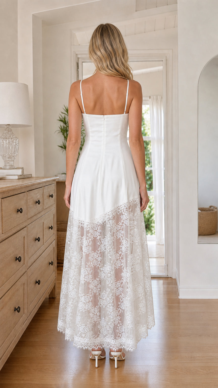 Back view of White satin and lace maxi dress