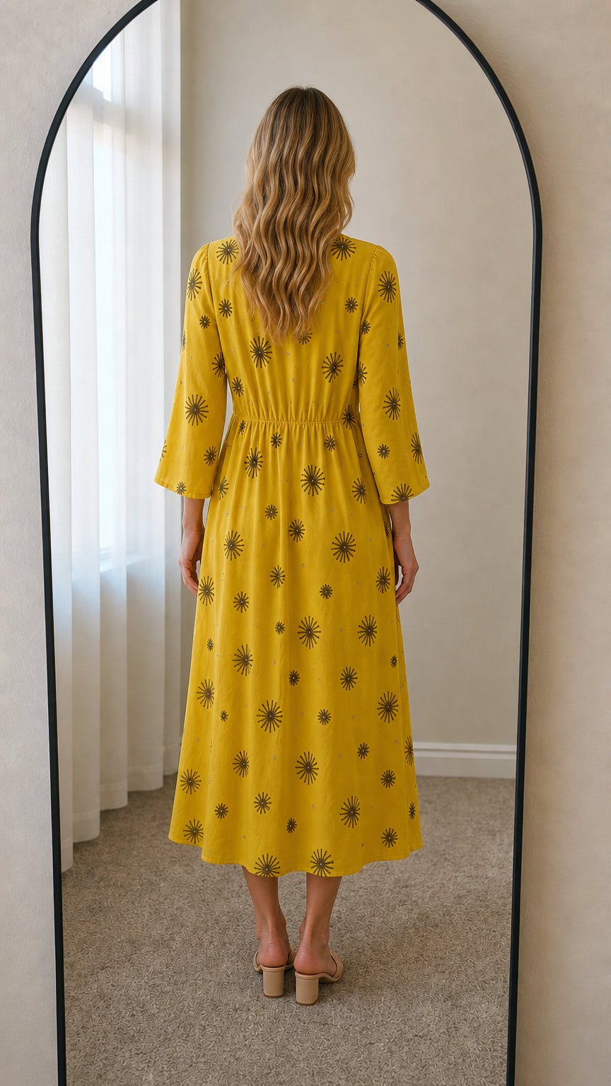 Back view of yellow embroidered midi dress