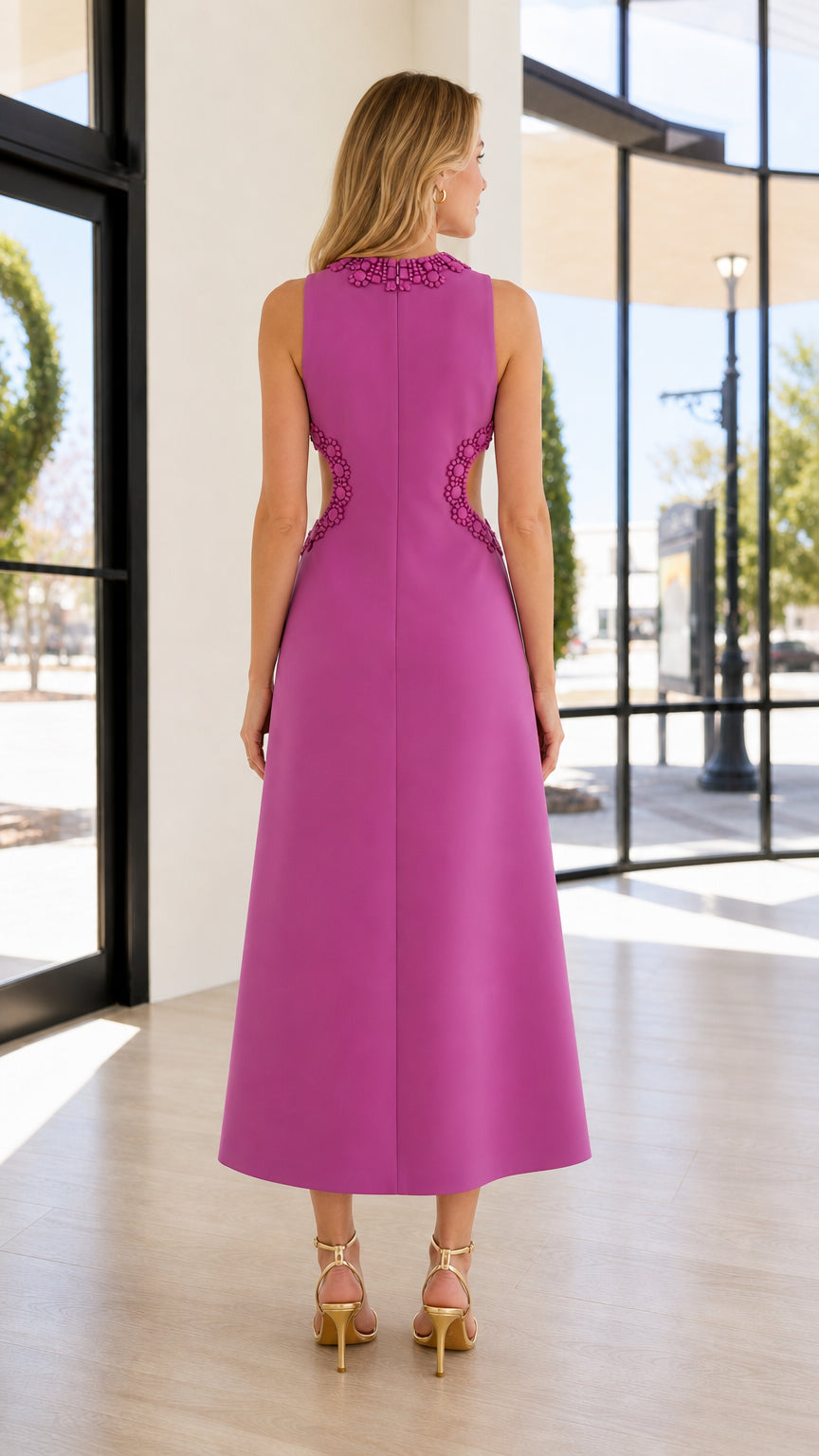 Back view of orchid midi dress