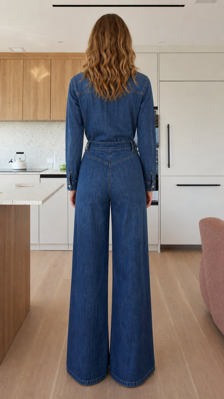 Back view of model wearing blue denim jumpsuit