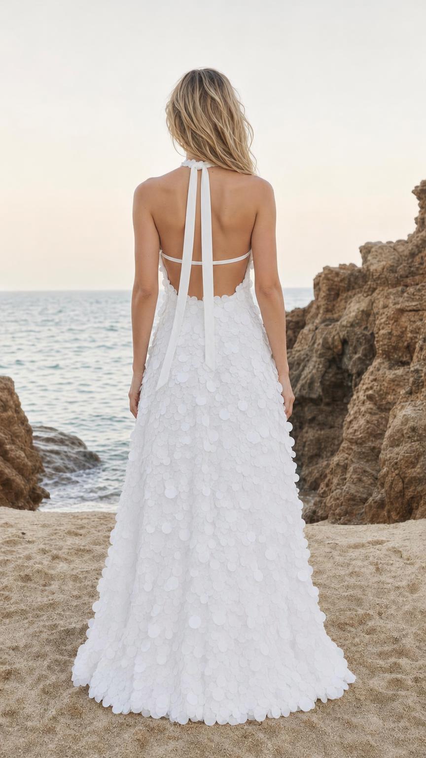 Back view of White maxi dress showcasing open back ties