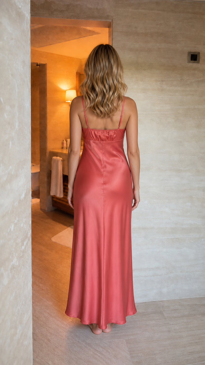 Satin Ruffle Trim Maxi Slip Dress