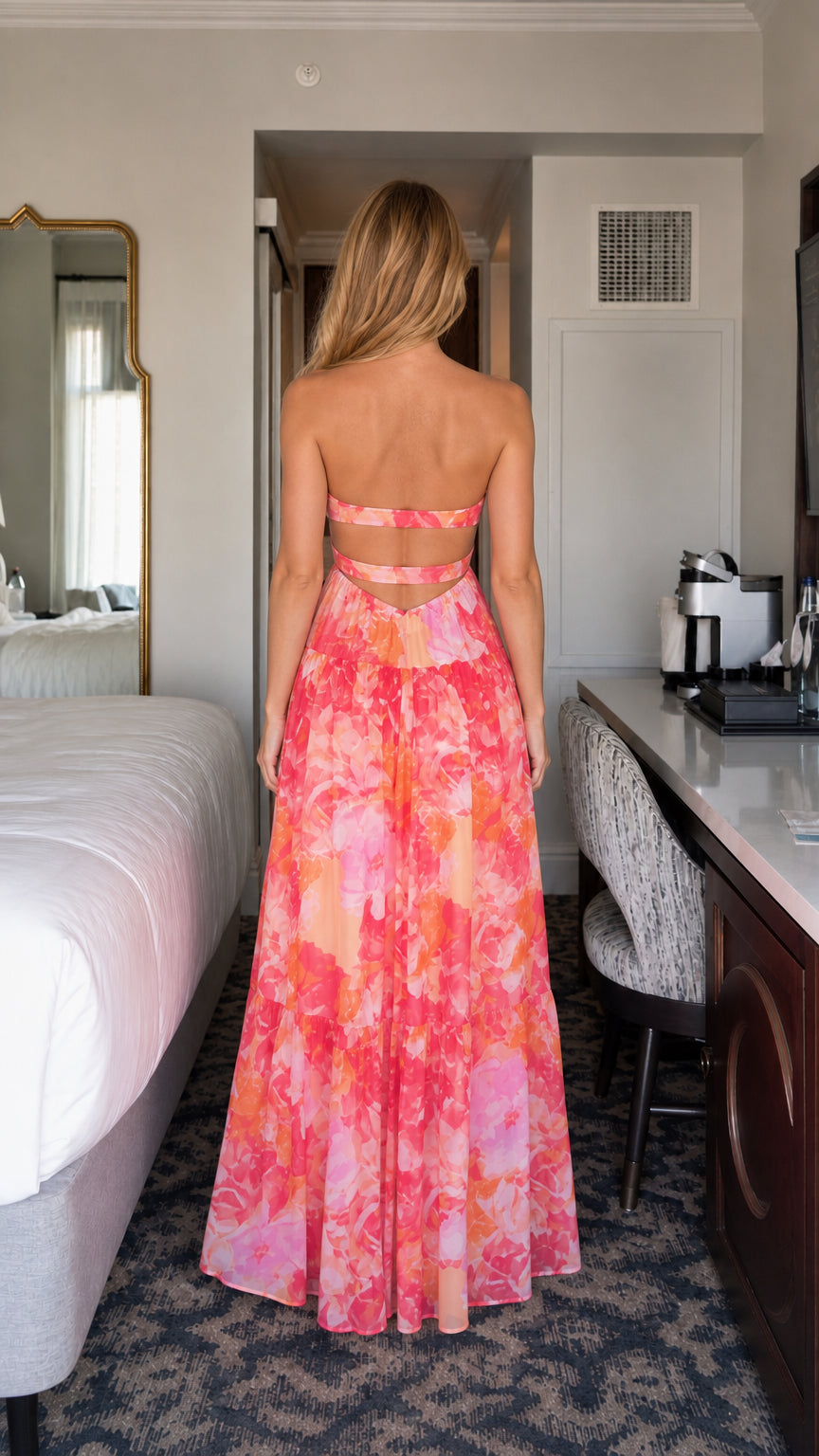 Back view showcasing open back design of pink floral dress