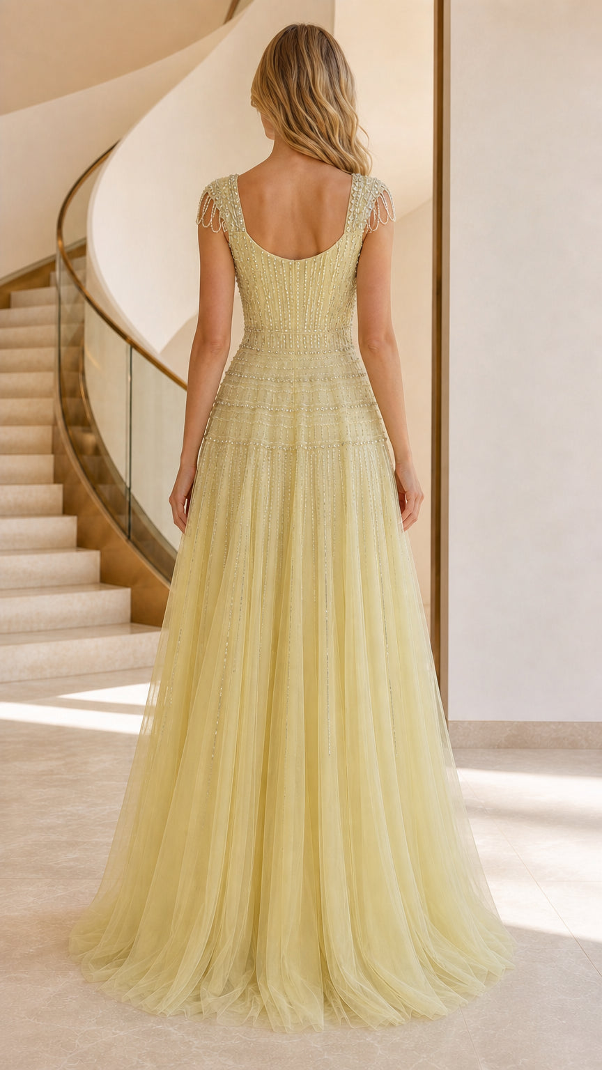 Back view of yellow beaded tulle evening gown