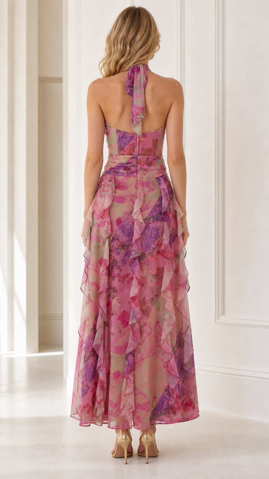 Back view showcasing halter tie and cascading ruffles on pink maxi dress