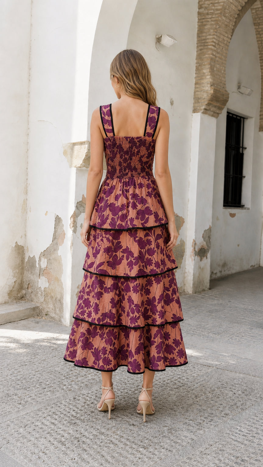 Back view of model showing smocked bodice detail