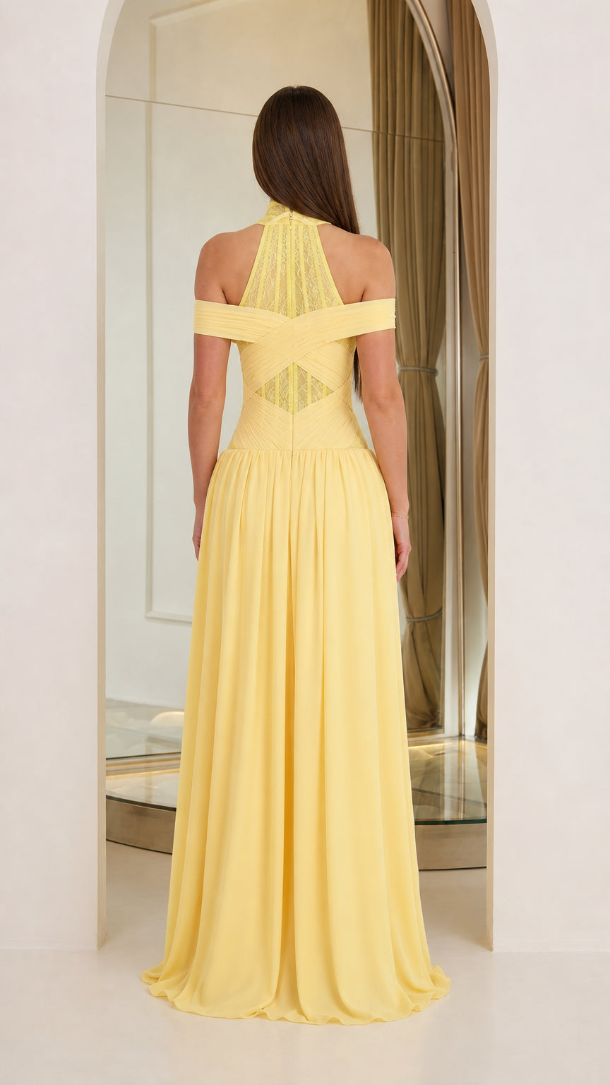 Back view of yellow formal dress with lace details