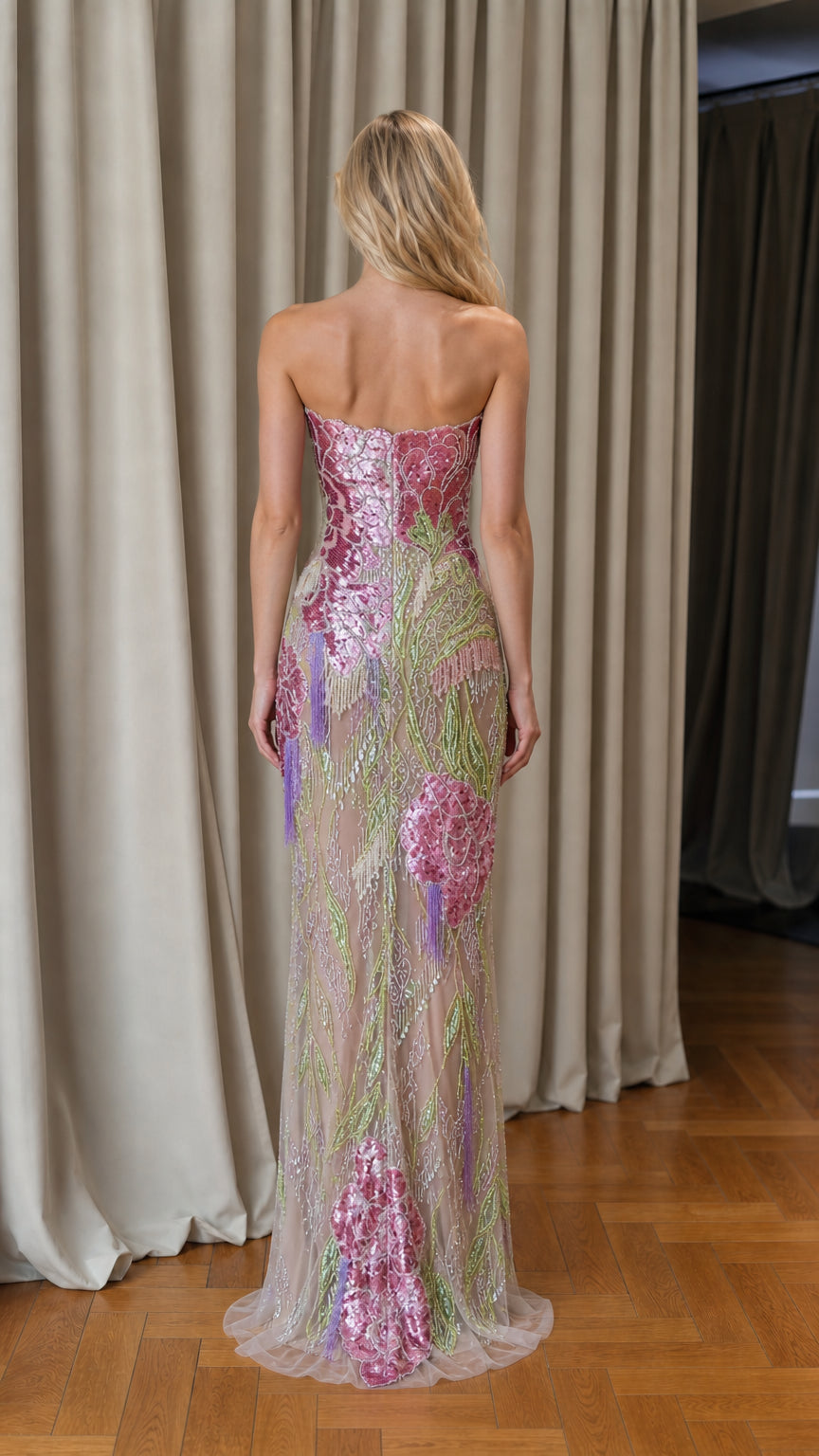 Back view of model in pink floral sequin strapless evening gown