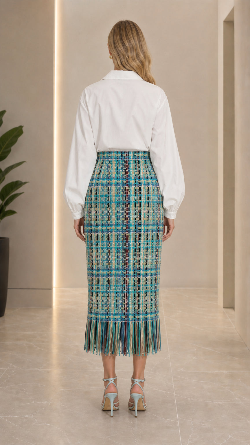 Back view of teal multi tweed midi skirt