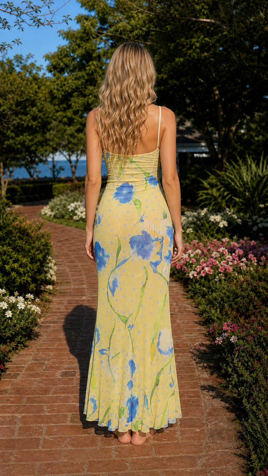 Back view of yellow floral slip maxi dress