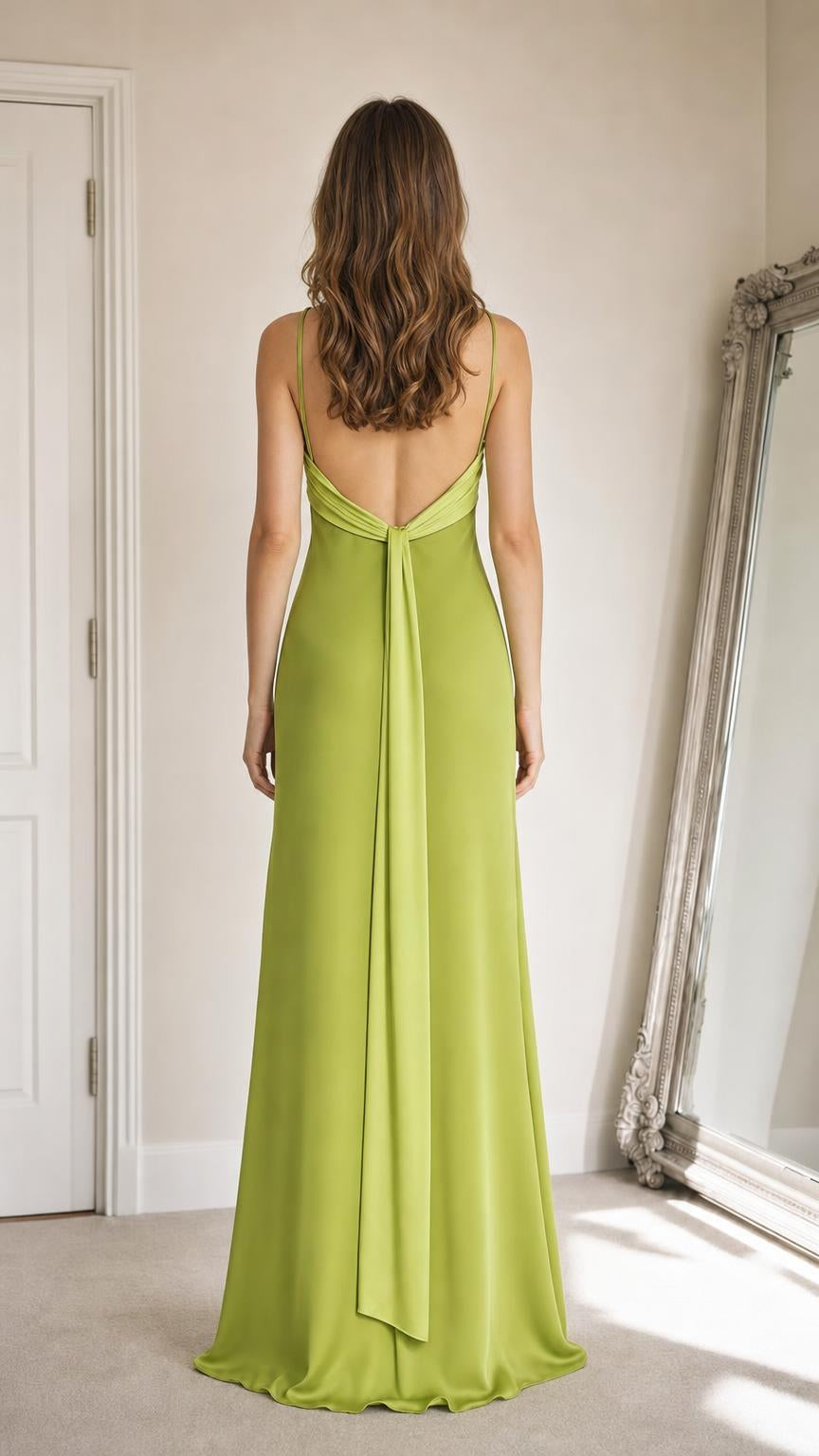 Back view showing cascading ties on lime green maxi dress