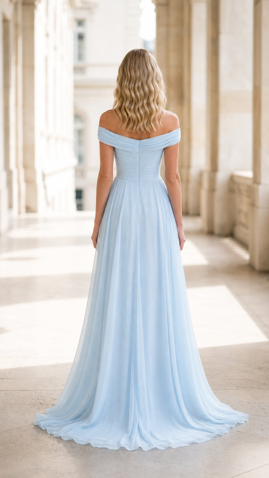 Back view showcasing sweep train on light blue evening gown
