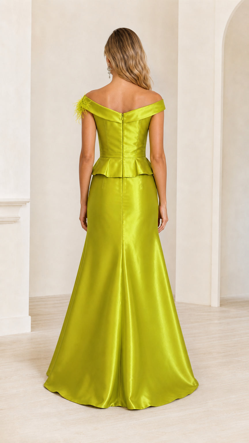Model wearing lime green satin evening dress back view
