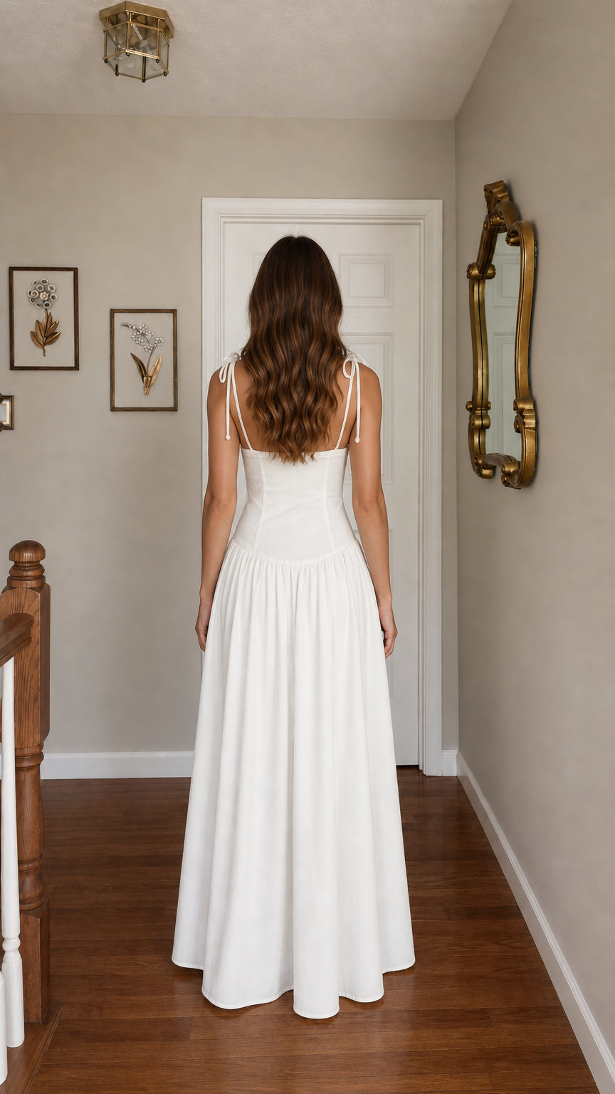 Back view of woman wearing white tie-strap corset maxi dress