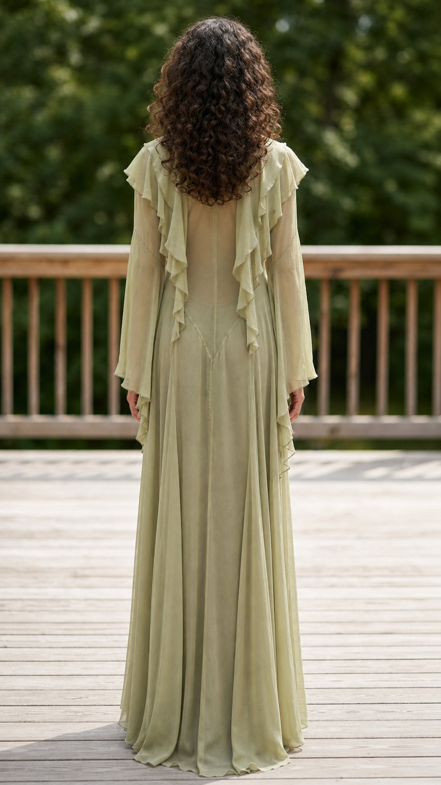 Back view of model wearing sage green maxi dress