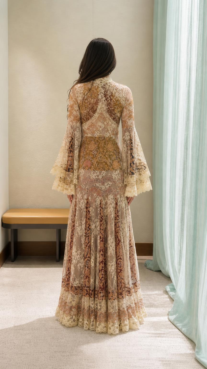 Back view of model showing the detailed lace paneling and maxi length
