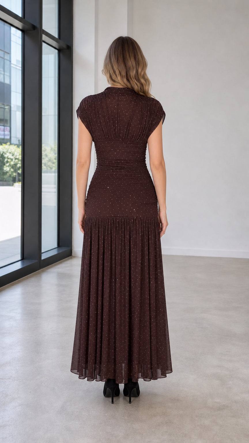 Back view of model wearing brown glitter mesh maxi dress