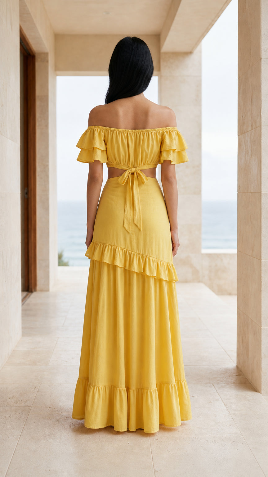 Back view showing self-tie detail of yellow maxi dress