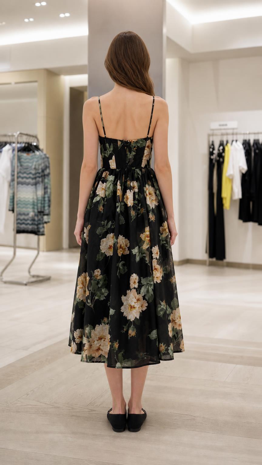 Back view of black floral corset midi dress