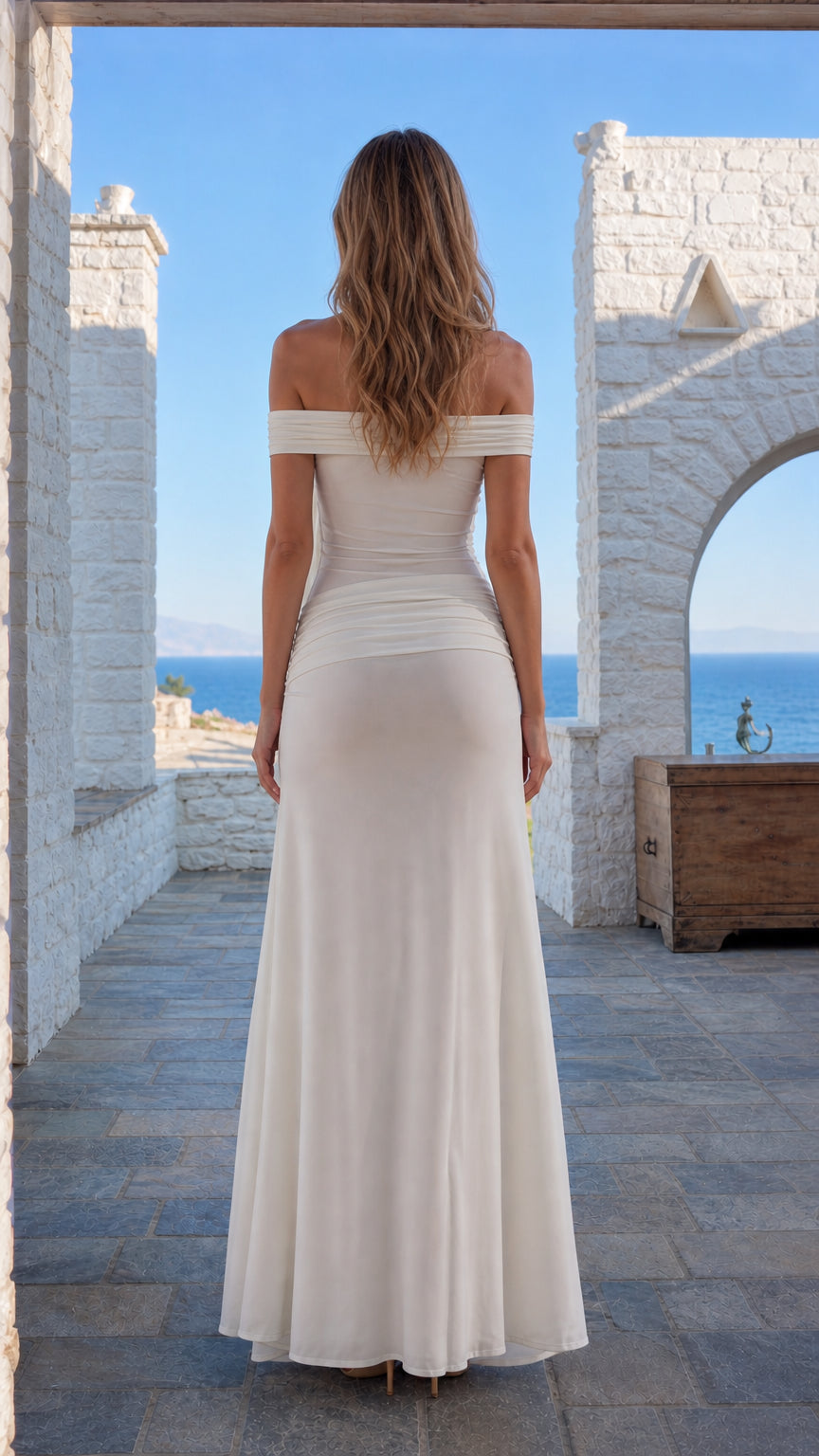 Back view of white off-shoulder dress