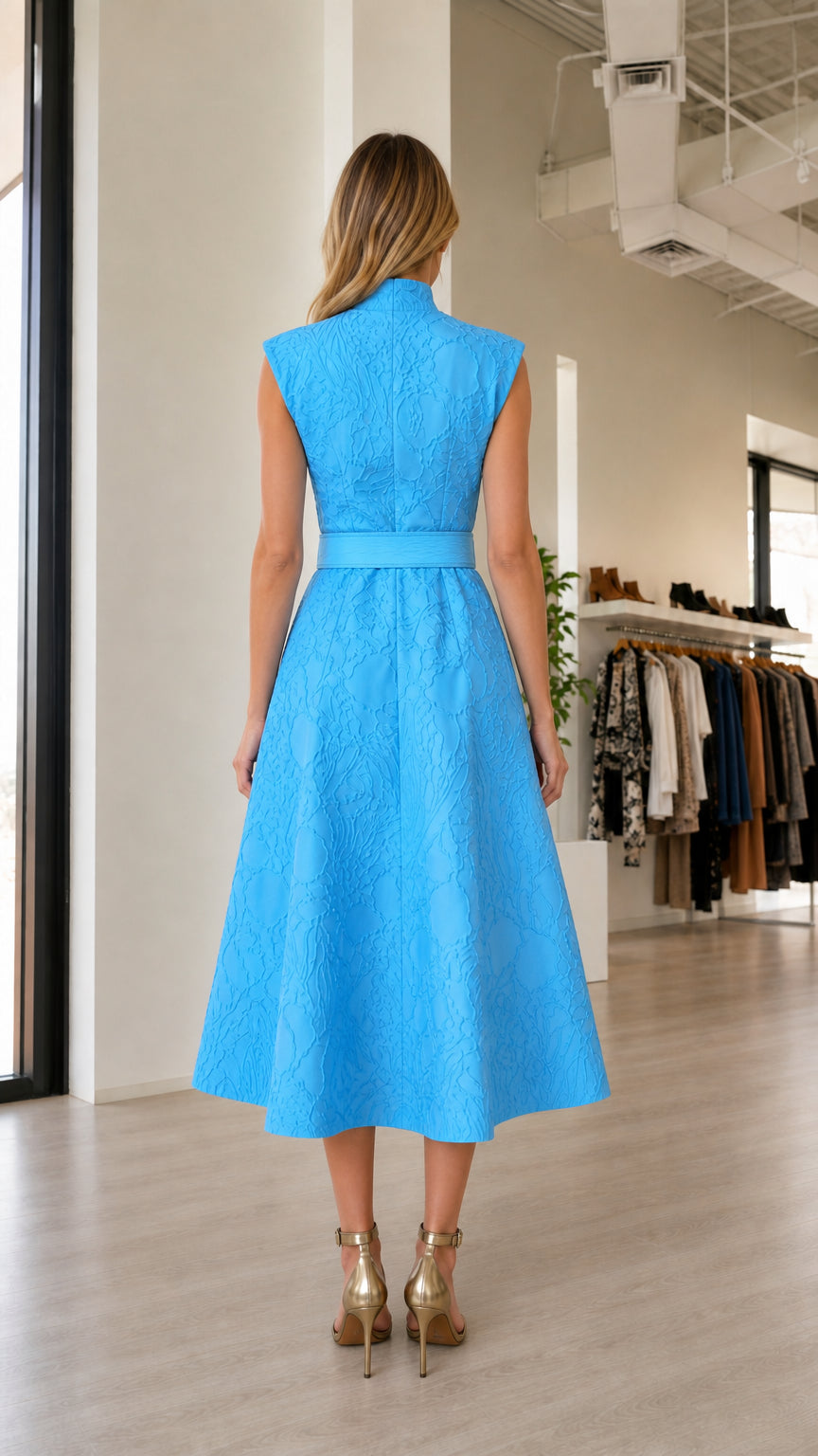 Back view of blue midi dress with belt