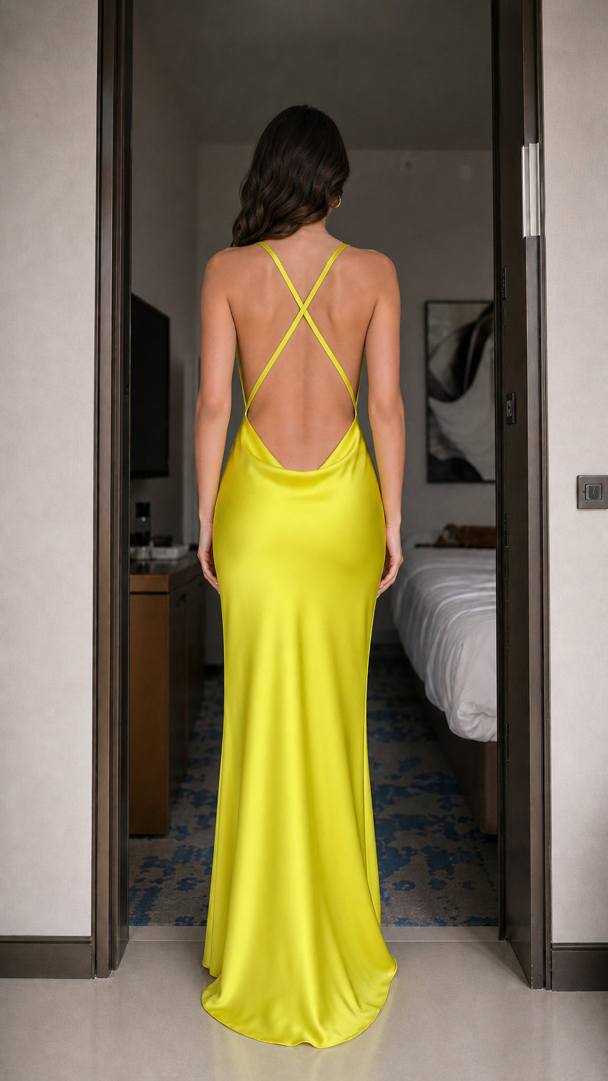 Back view of model showcasing crisscross strap open back