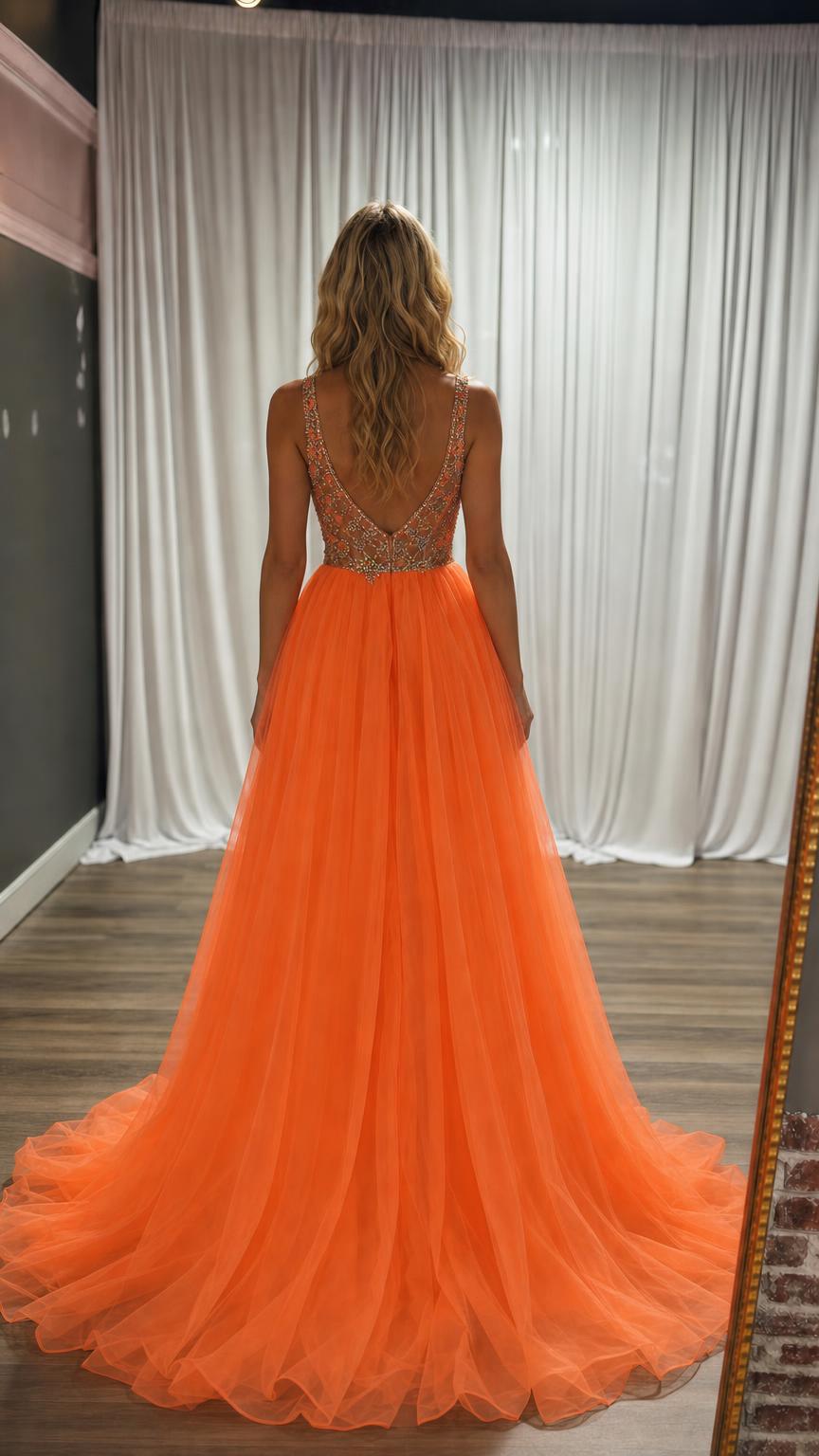 Back view of orange evening gown highlighting deep back neckline and train
