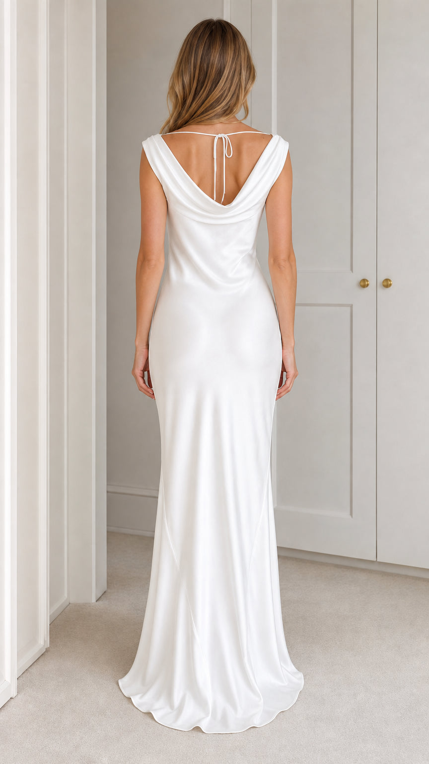 Model wearing white satin maxi dress showing open back tie, back view