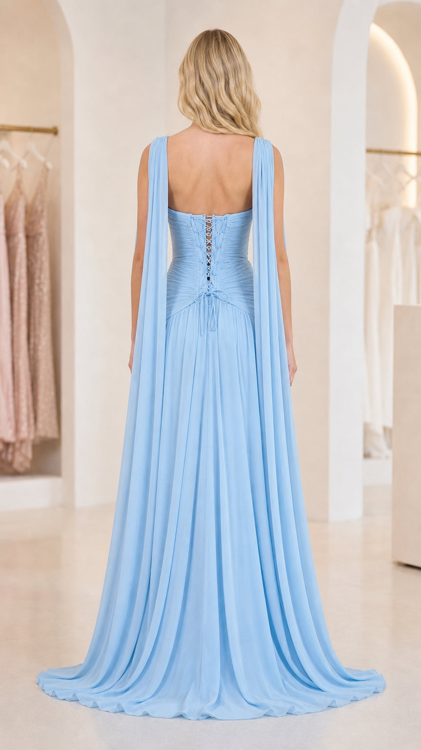 Back view showcasing lace-up corset and cape