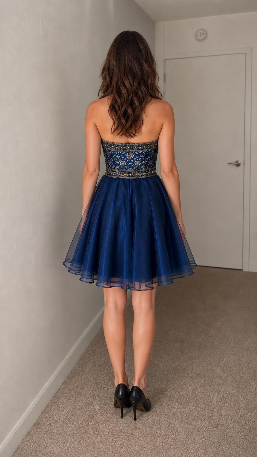 Back view of navy blue strapless party dress