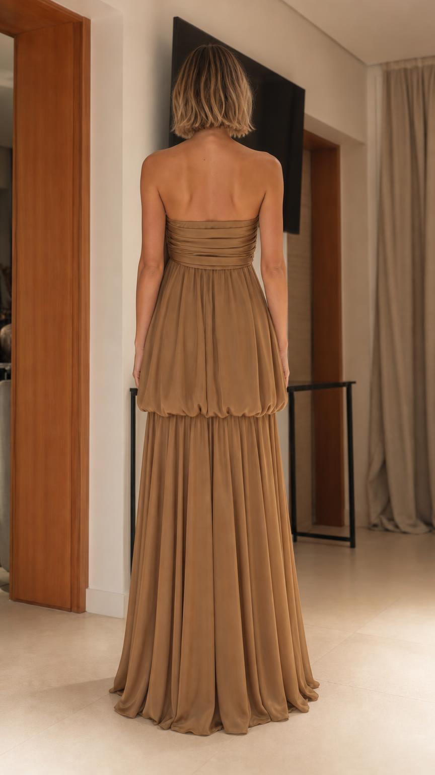 Elegance Strapless Draped Maxi Dress in camel back view