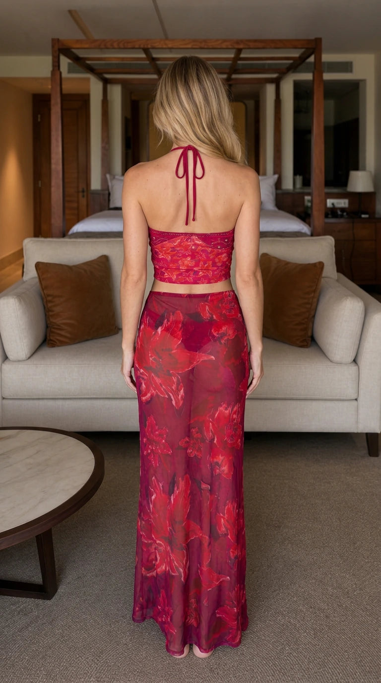 Back view of model in Fuchsia two-piece set