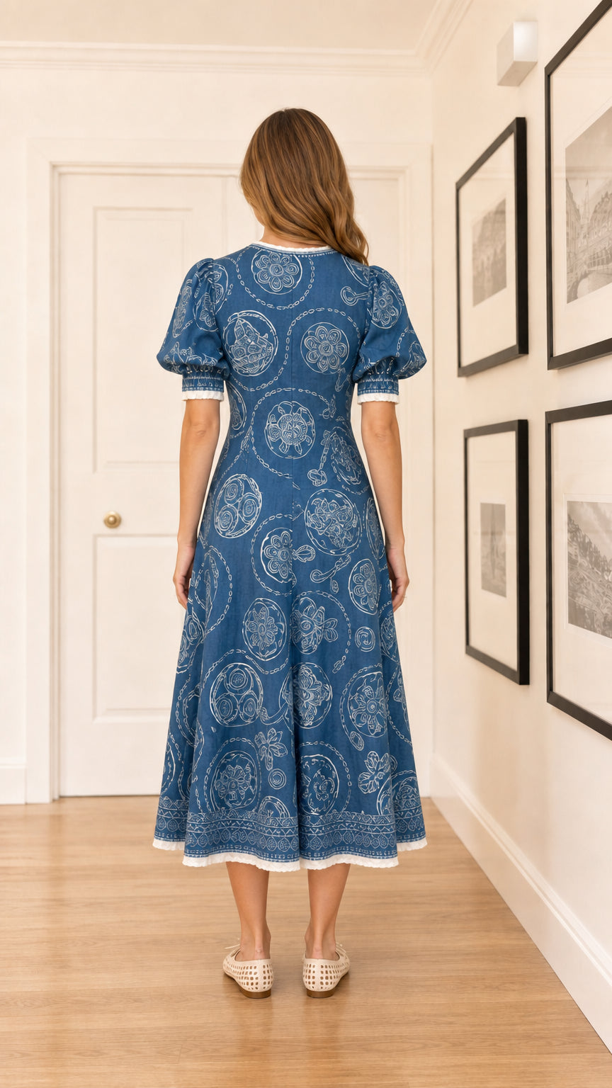 Back view of woman wearing blue embroidered midi dress