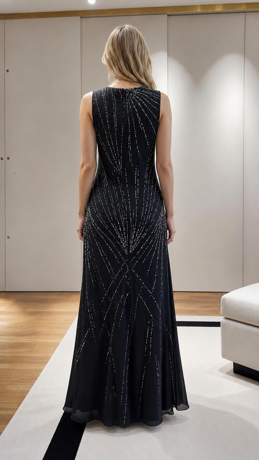 Model wearing Black Beaded V-Neck Maxi Evening Dress back view