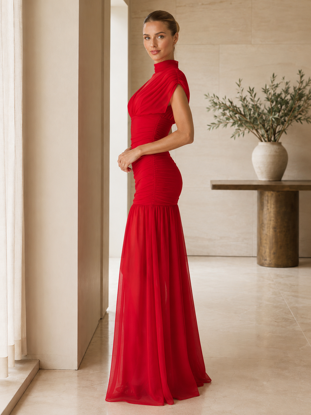Red ruched mock neck mermaid maxi evening dress side view