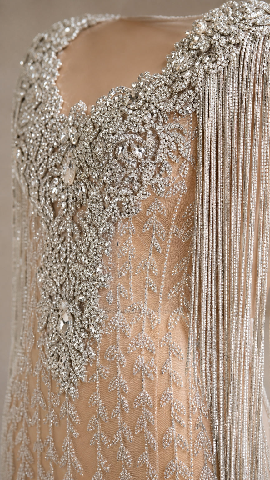 Close-up of rhinestone and crystal bodice embellishments