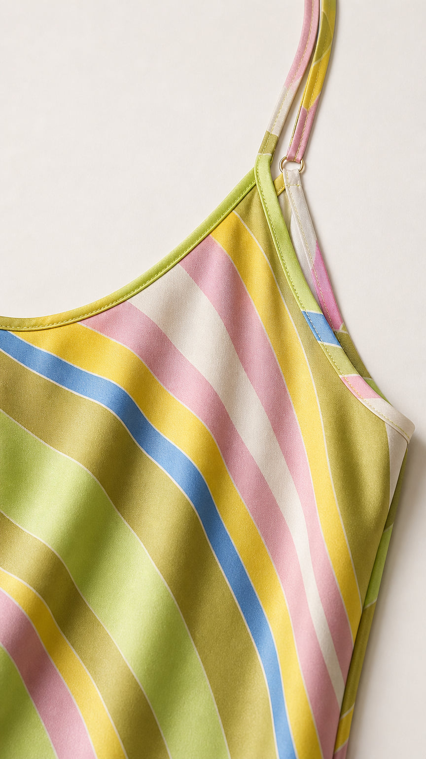 Close-up detail of adjustable spaghetti straps and stripe pattern
