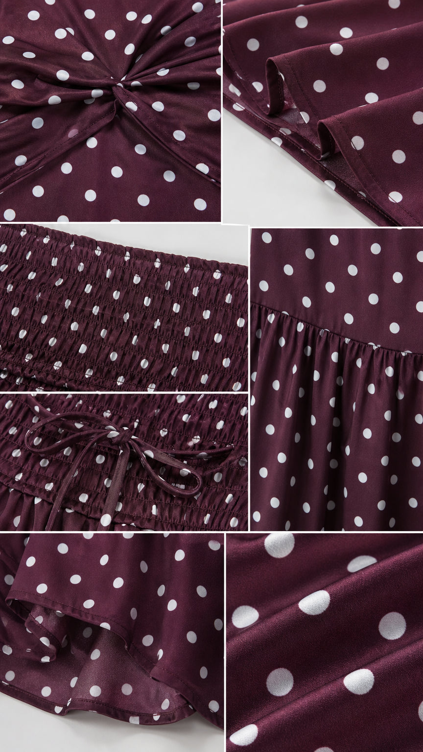 Close-up details of fabric, smocking, and polka dot pattern
