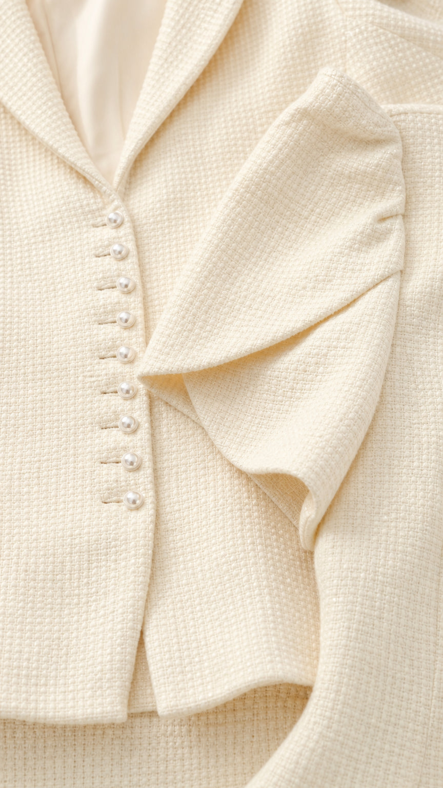 Close-up detail of cream tweed fabric, lapel, and pearl buttons