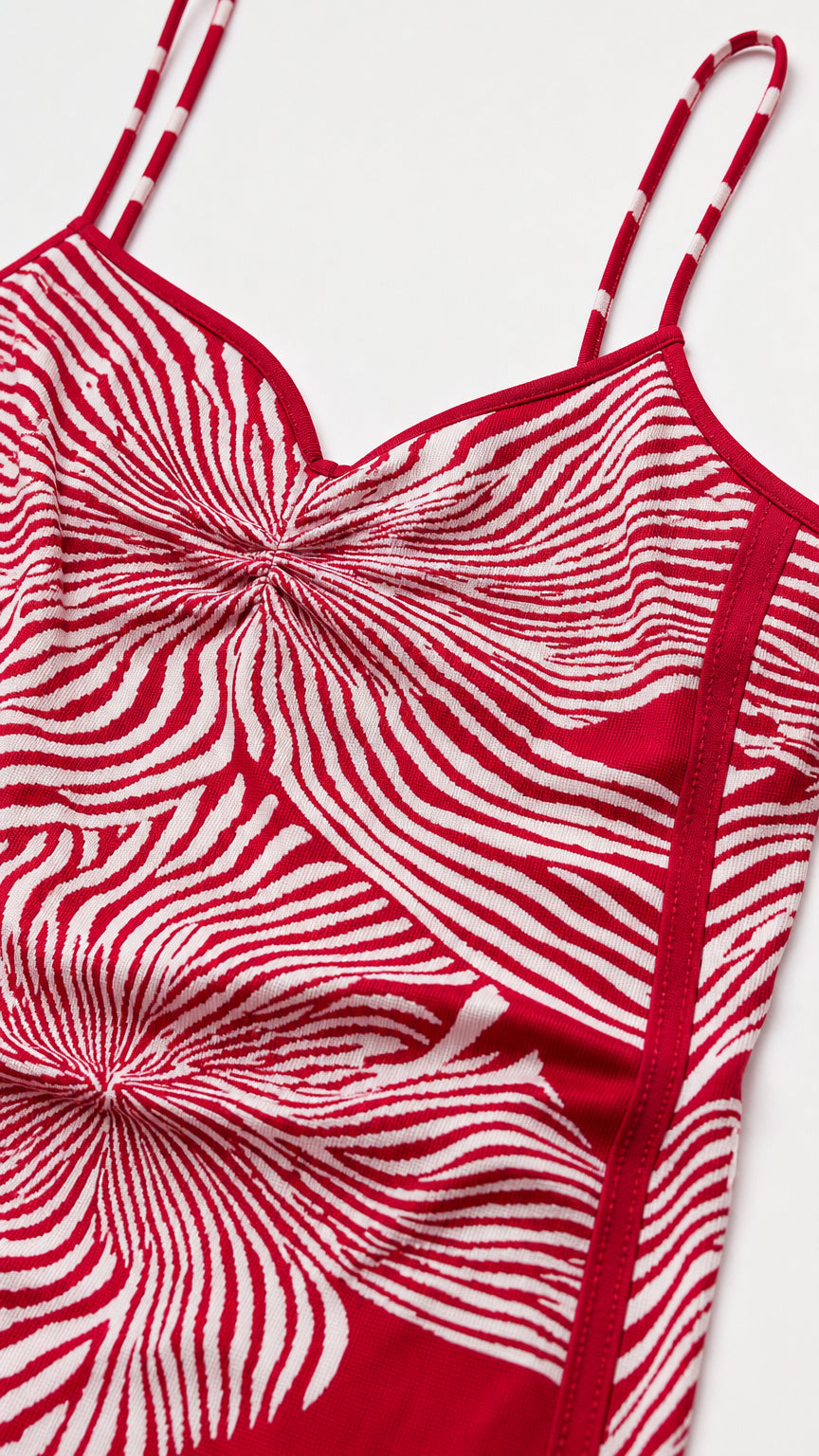 Close-up detail of the red and white pattern and strap construction