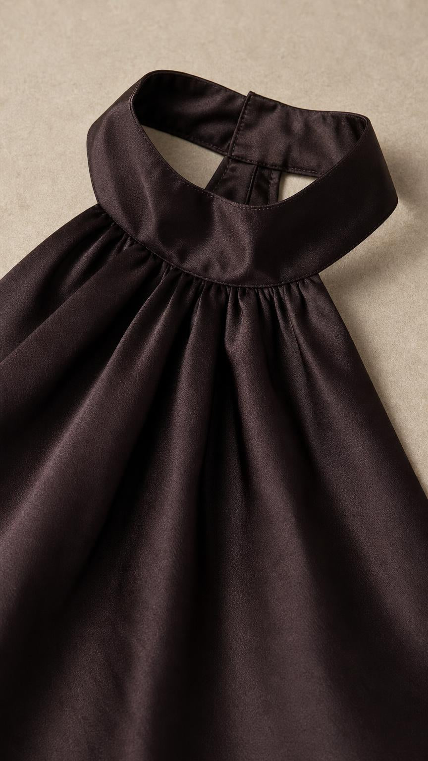 Close-up detail of high gathered halter neckline and satin fabric