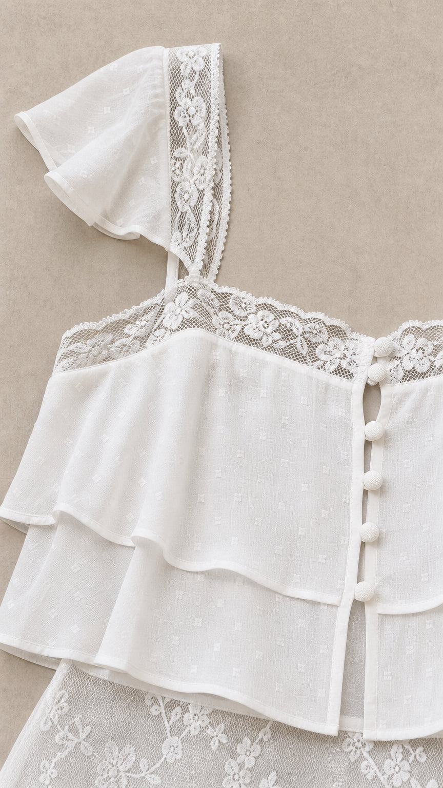 Close-up detail of white lace trim and button-up crop top