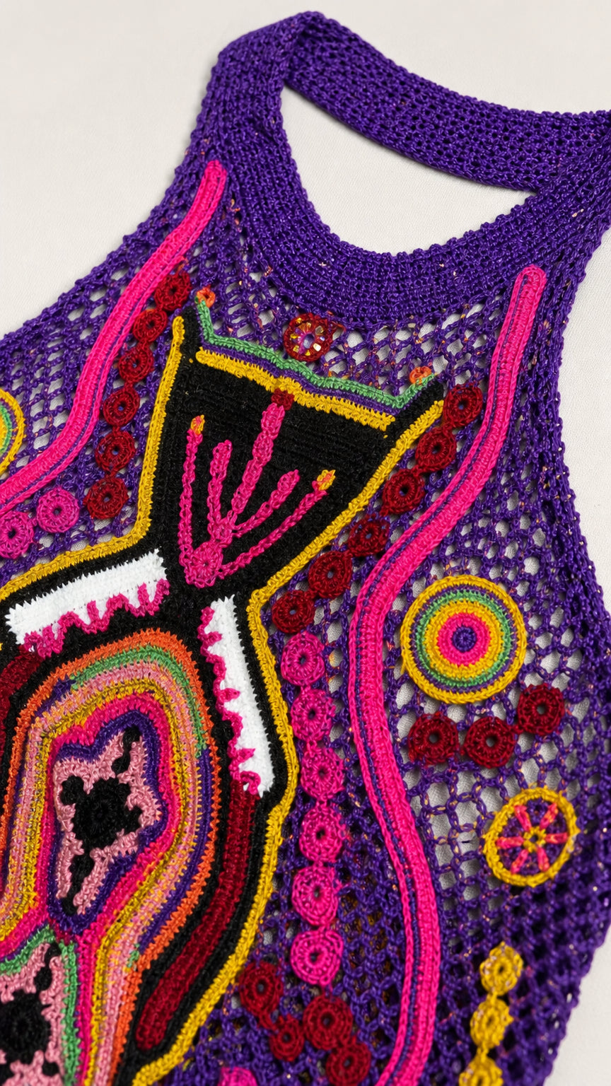 Close-up detail of colorful embroidery and purple knit texture