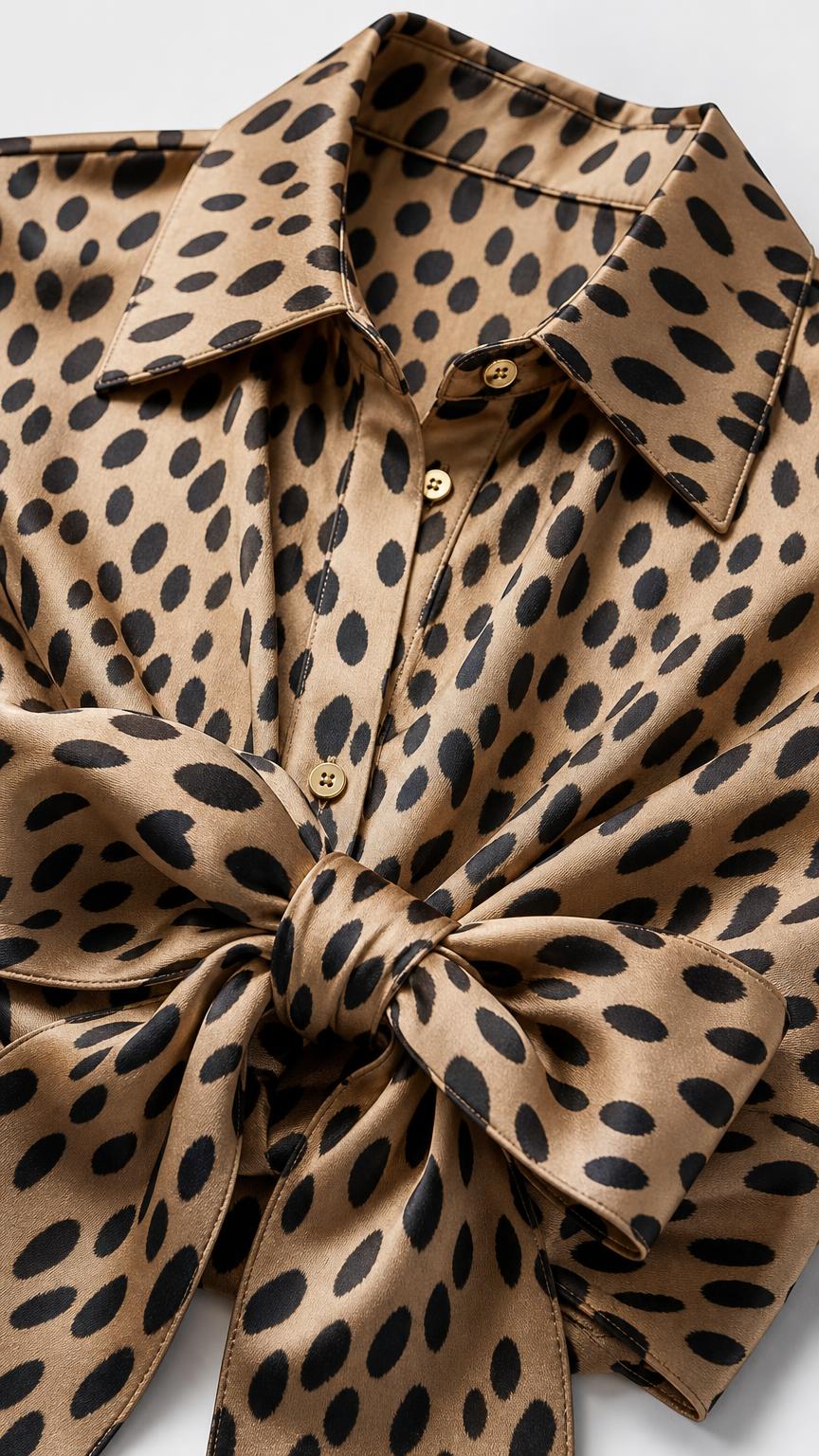 Close-up detail of shirt collar and front tie knot in camel print