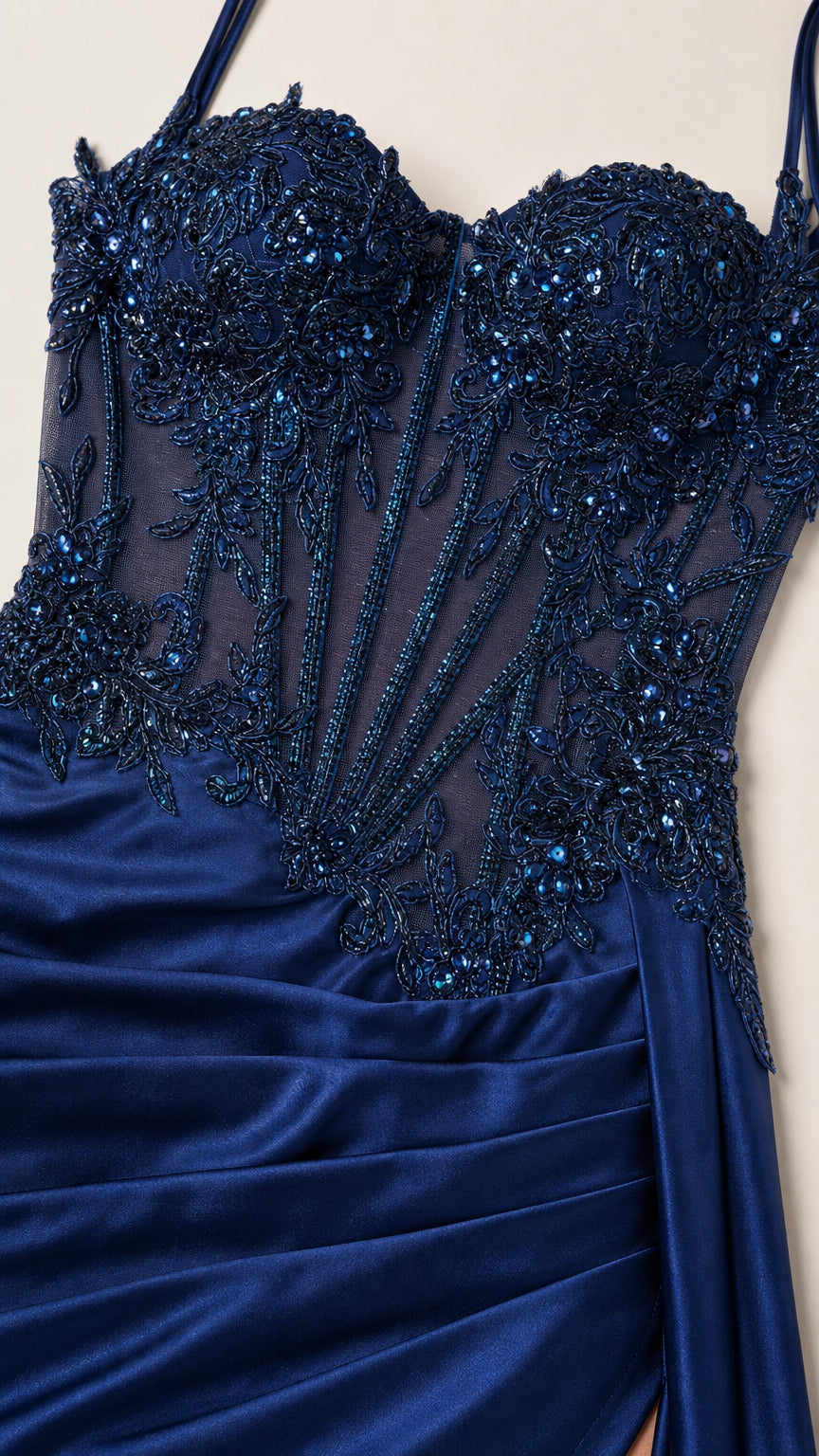 Close-up detail of the sheer beaded corset bodice